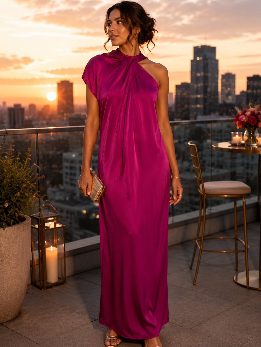 Banana Republic Magenta Silk Halter Maxi Dress Scarf Drape Party Formal  Large